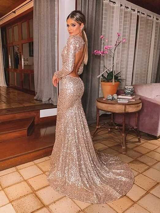 Amazon.com: Long Sleeve Prom Dresses Sequin Ball Gown for Women V ...