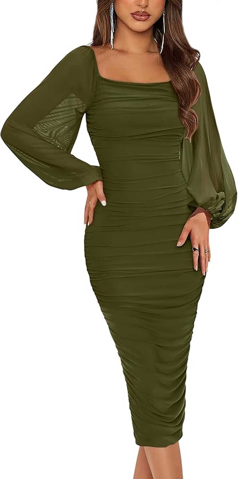 Amazon.com: MASCOMODA Women&#39;s 2024 Long Puff Sleeve Ruched Midi ...