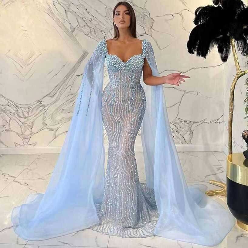 Amazon.com: MBETA Blue Mermaid Elegant Cape Sleeves Sexy Evening ...