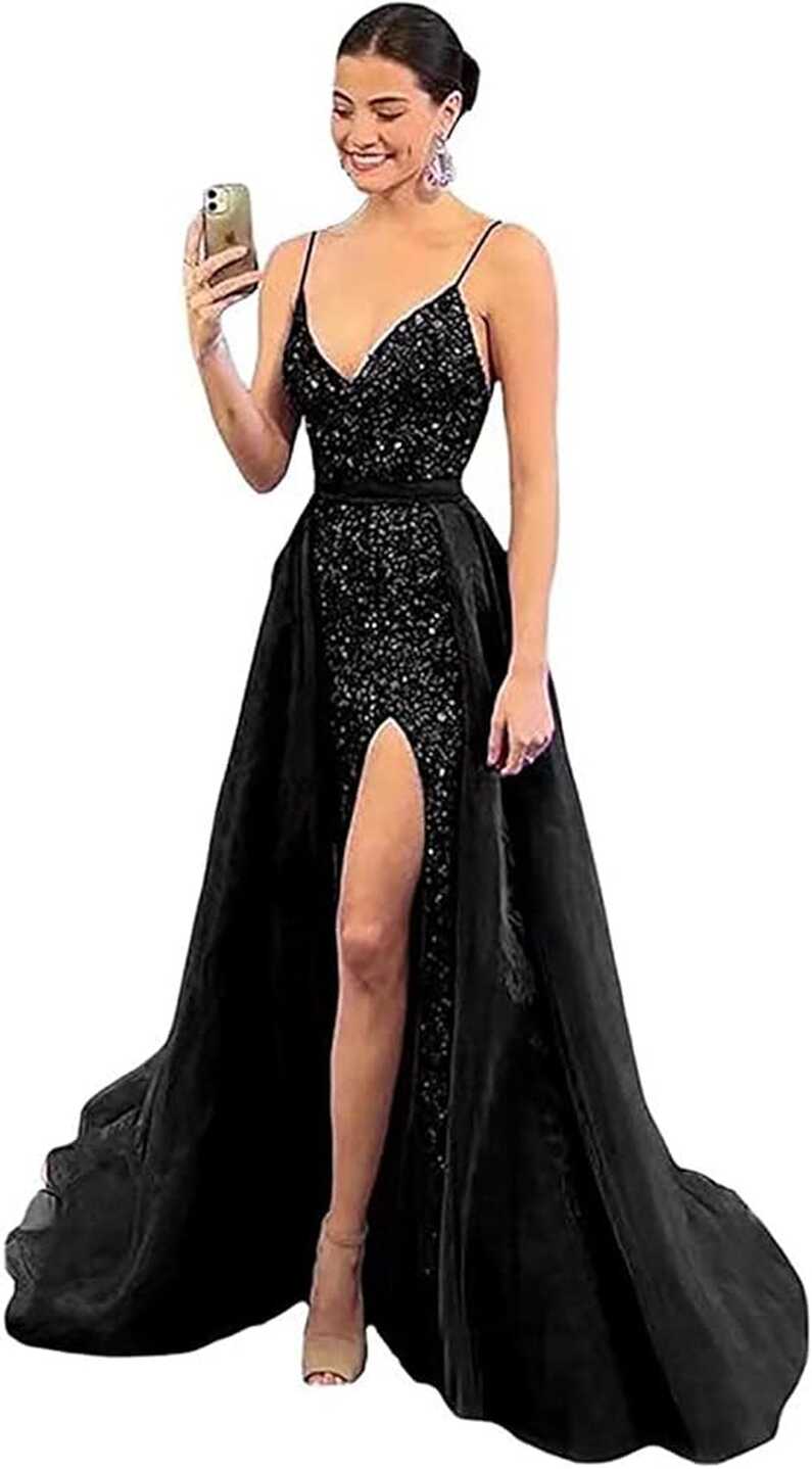 Amazon.com: Mouccy Black Sequin Prom Dress with Slit V Neck Long ...