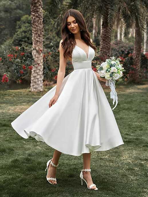 Amazon.com: Mouccy Ivory Satin Short Wedding Dresses for Bride ...