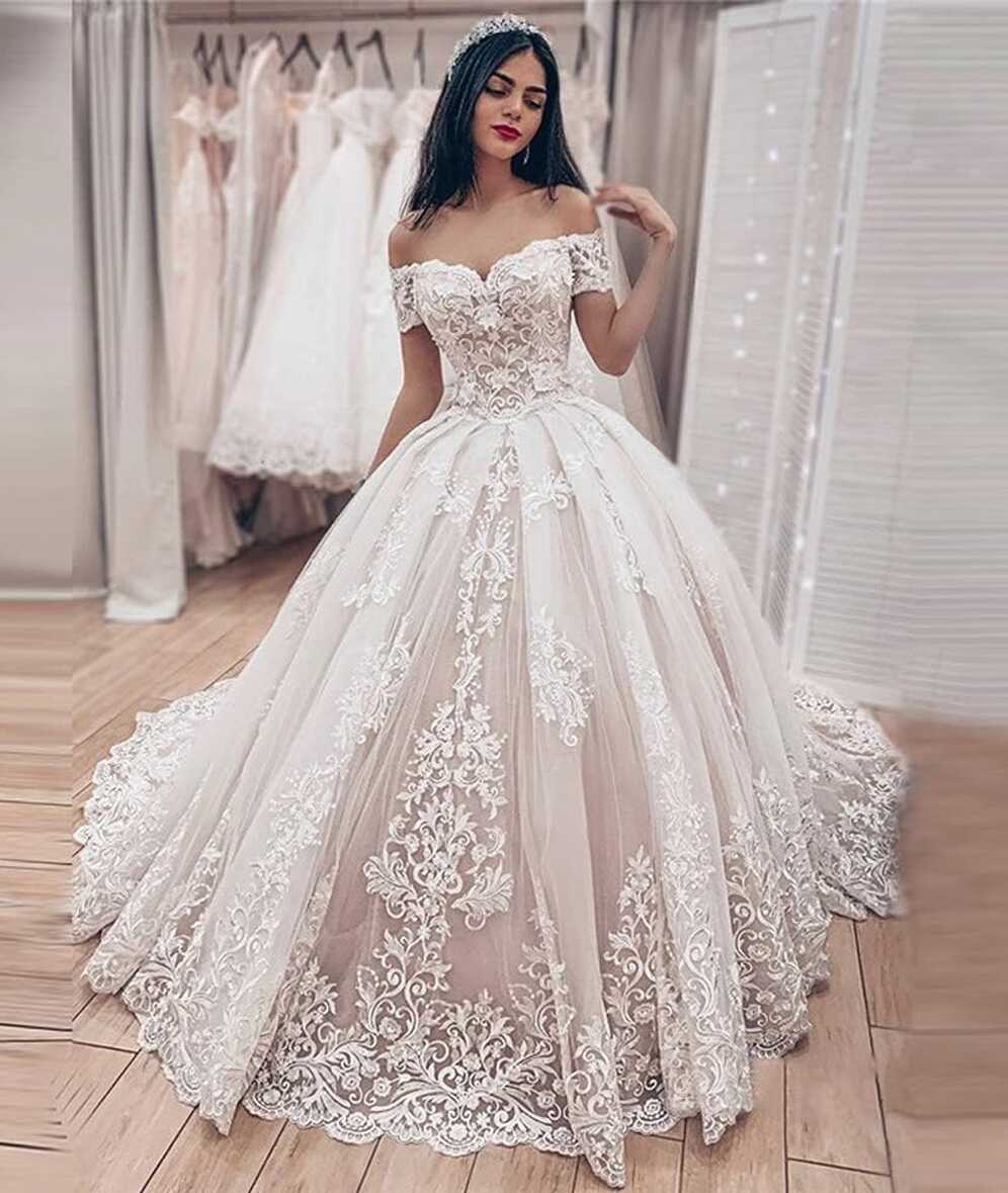 Amazon.com: Off Shoulder Lace Appliques Wedding Dresses for Bride ...