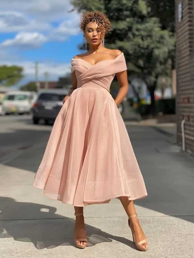 Amazon.com: Off Shoulder Tea Length Prom Dresses with Pockets ...