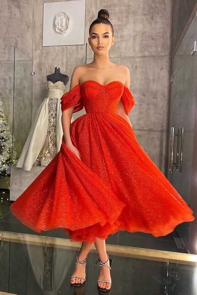 Amazon.com: Off Shoulder Tulle Prom Dresses Tea Length Formal ...