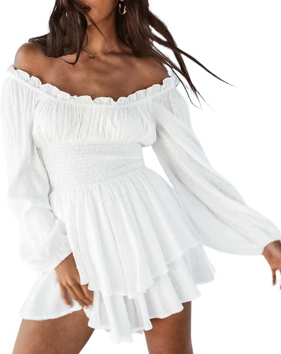 Amazon.com: Off The Shoulder Dresses for Women White Puff Sleeve ...