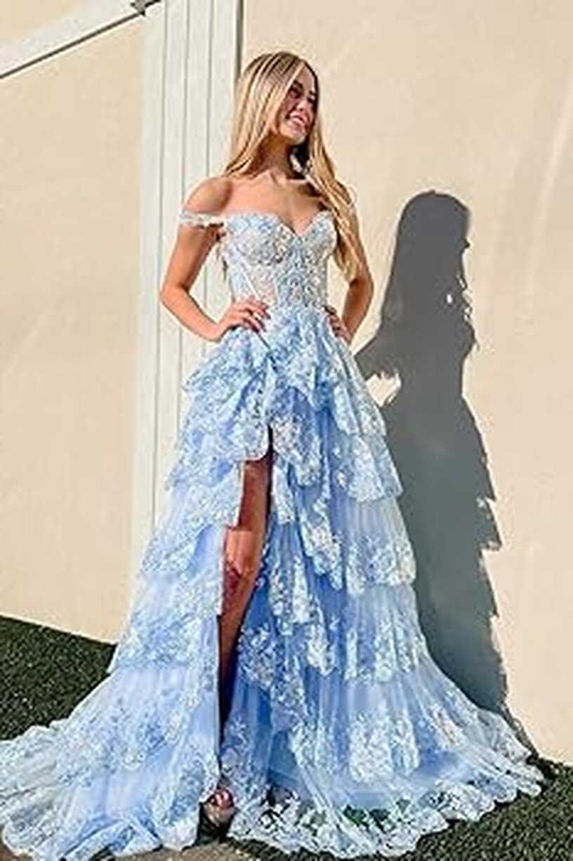 Amazon.com: Off The Shoulder Tiered Lace Prom Dresses Sparkly ...