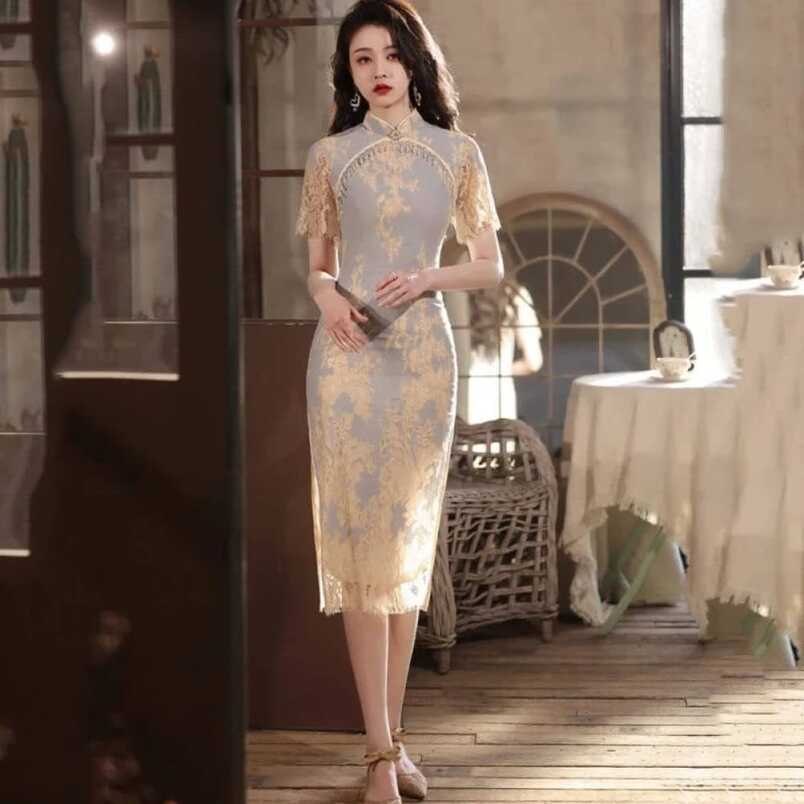 Amazon.com: PONERY Womens Chinese Dress - Elegant Lace Slim Qipao ...