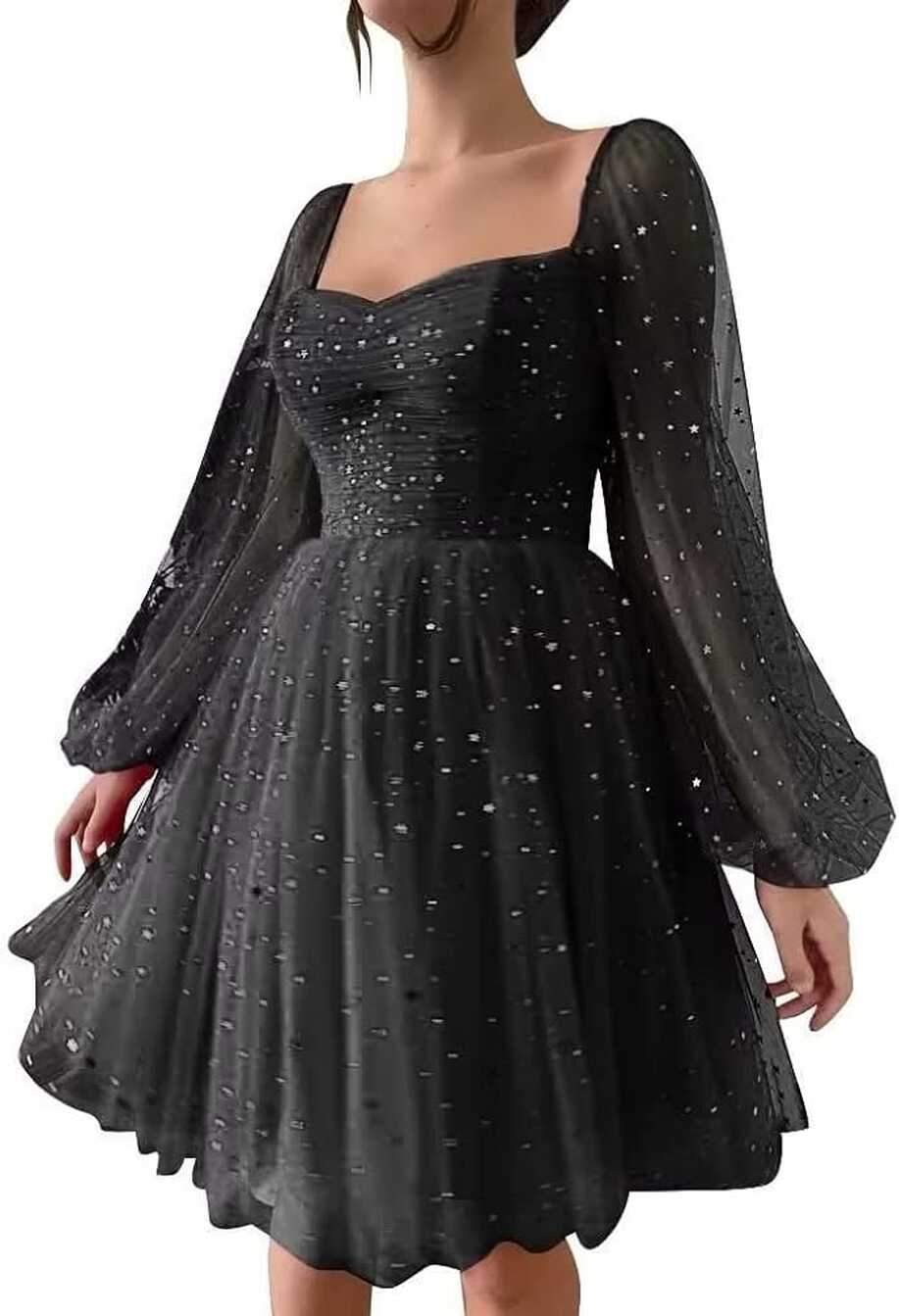 Amazon.com: Puffy Long Sleeve Black Homecoming Dresses Sparkly ...