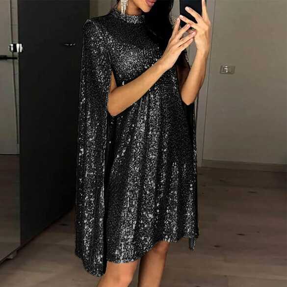 Amazon.com: Sequin Dress for Women Cape Mock Neck Knee Length Prom ...