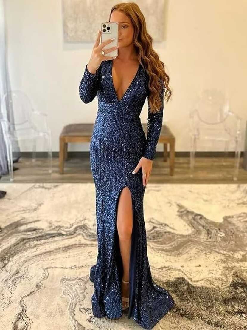 Amazon.com: Sexy Deep V Neck Mermaid Prom Dresses 2023 Sequin ...