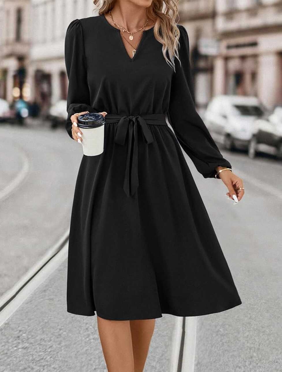 Amazon.com: Solid Color Split V Neck Long Sleeve Classic Dress ...