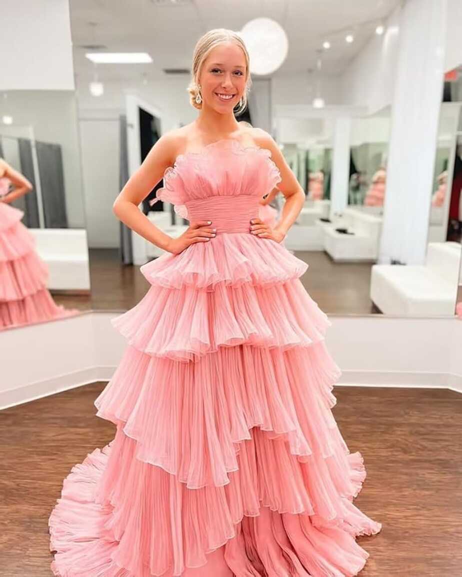 Amazon.com: Strapless Ruffles Prom Dress for Girls 2023 Long Tulle ...