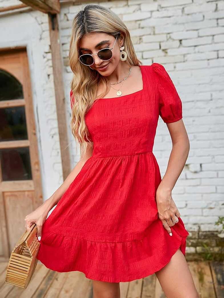 Amazon.com: Summer Dress for Women Short Sleeve Round Neck Puff ...