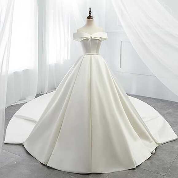 Amazon.com: Tinhulf White Satin A Line Long Train Women&#39;s Wedding ...