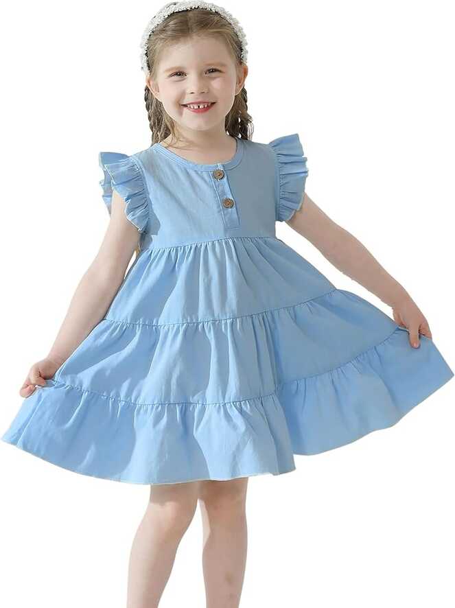 Amazon.com: Toddler Baby Girl Cotton Linen Dress Ruffle Sleeve ...