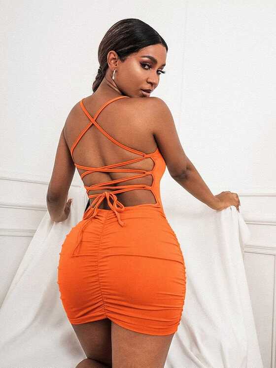 Amazon.com: VERYLY Women Dresses Neon Orange Lace-up Open Back ...