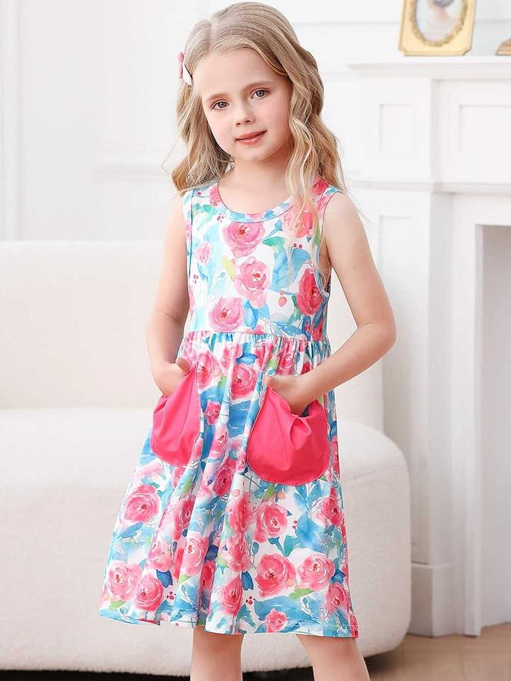 Amazon.com: Vieille 5t Girl Dresses with Big Pocket Cute Flower ...