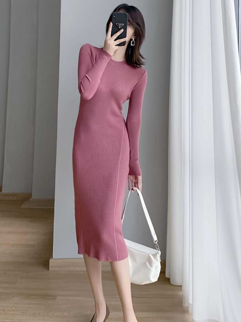 Amazon.com: Vintage Korea Long Sleeve Sweater Midi Dresses for ...