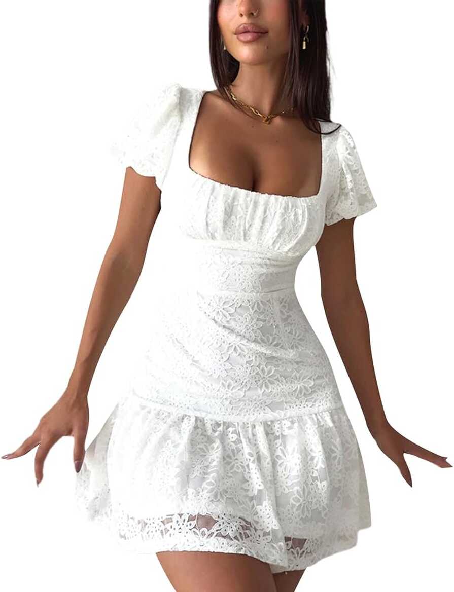 Amazon.com: White Dress for Women Ruffle A Line Flowy Graduation ...