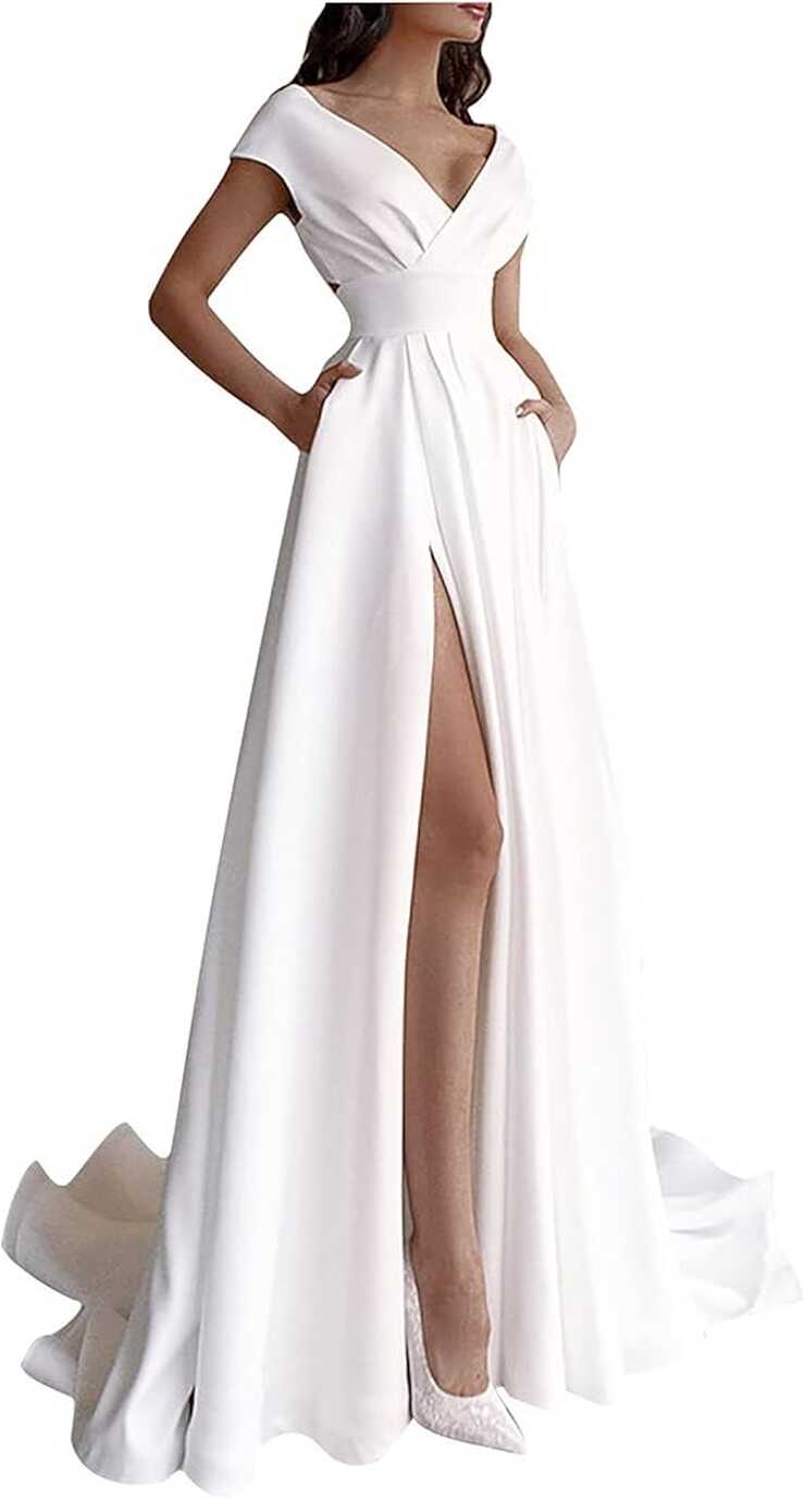 Amazon.com: White Dress for Women Wedding Guest Party Sexy V Neck ...