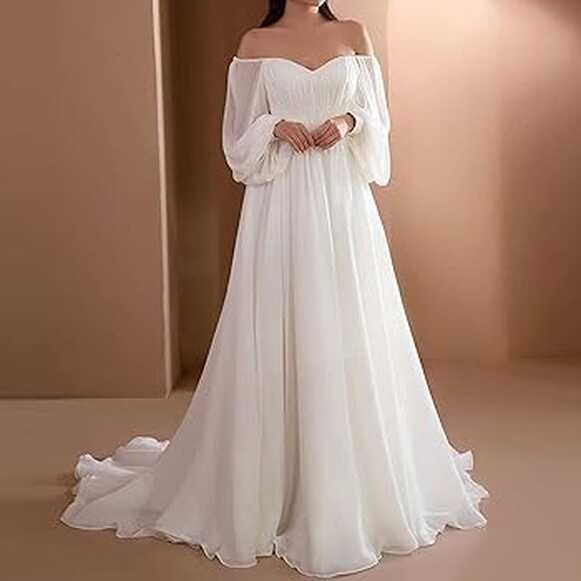 Amazon.com: White Maxi Wedding Dress for Women Elegant Empire ...