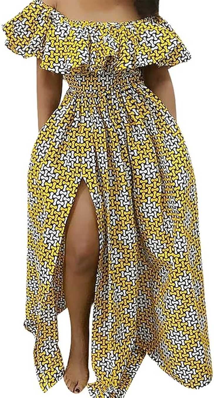 Amazon.com: Women&#39;s African Print High Slit Long Maxi Dress Off ...