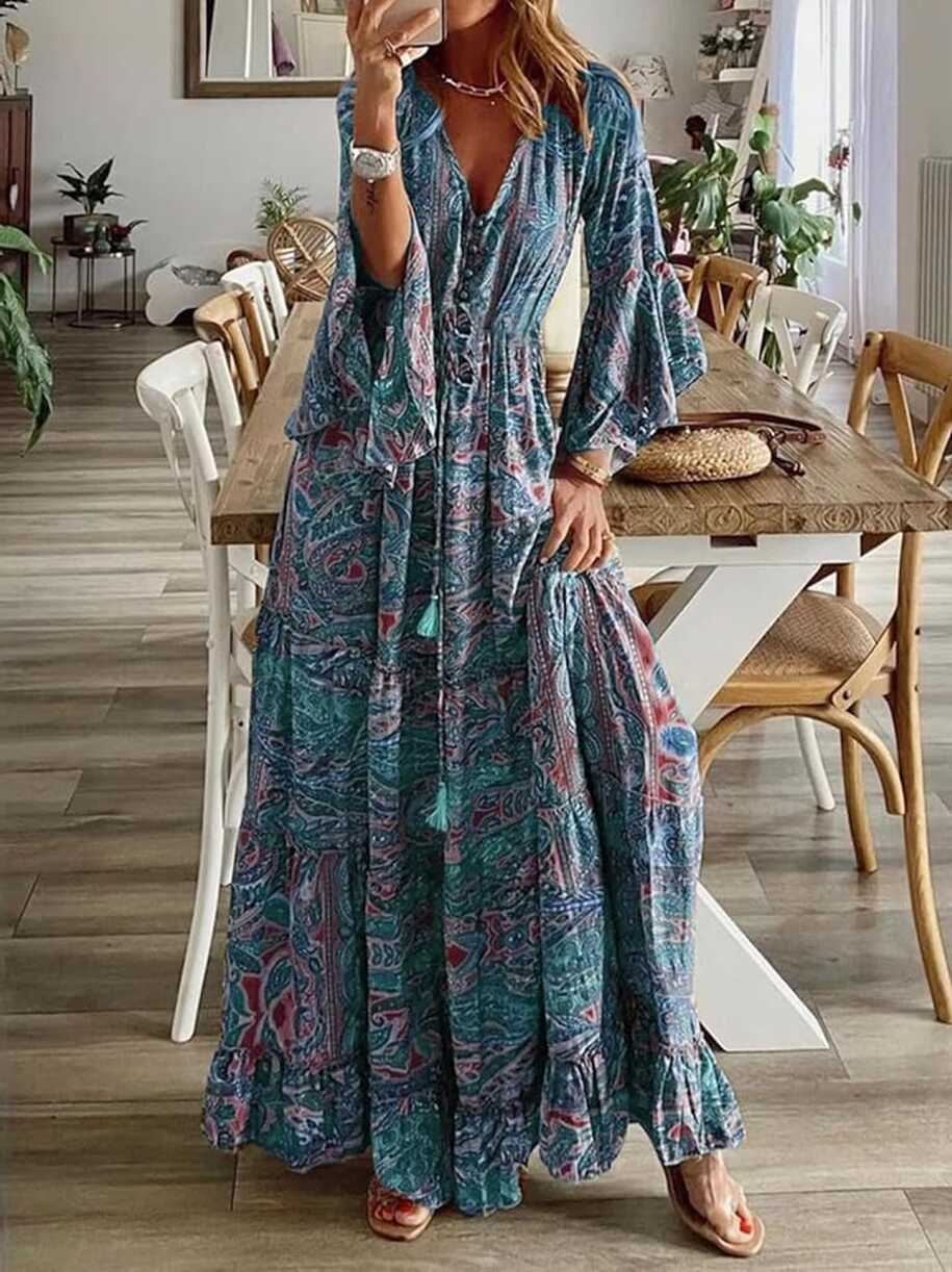 Amazon.com: Women&#39;s Boho Floral Puff Sleeve Midi Dress V Neck ...