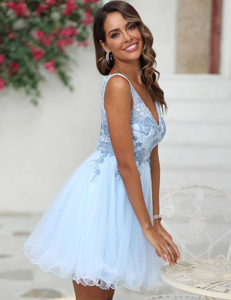 Amazon.com: Women&#39;s Cute Homecoming Dress Sky Blue V Neck A Line ...