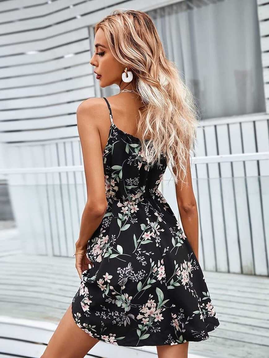 Amazon.com: Women&#39;s Dresses Black Floral Print Sleeveless Tie ...