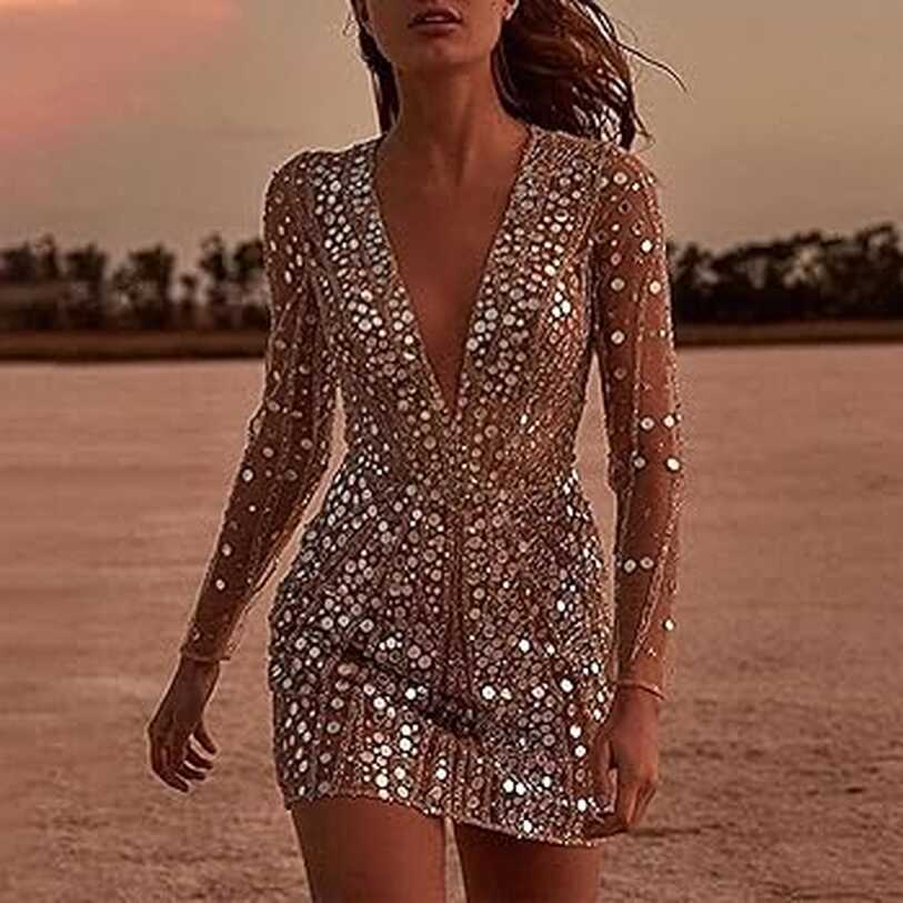 Amazon.com: Women&#39;s Gold Sequin Dress Sexy Deep V Neck Long Sleeve ...