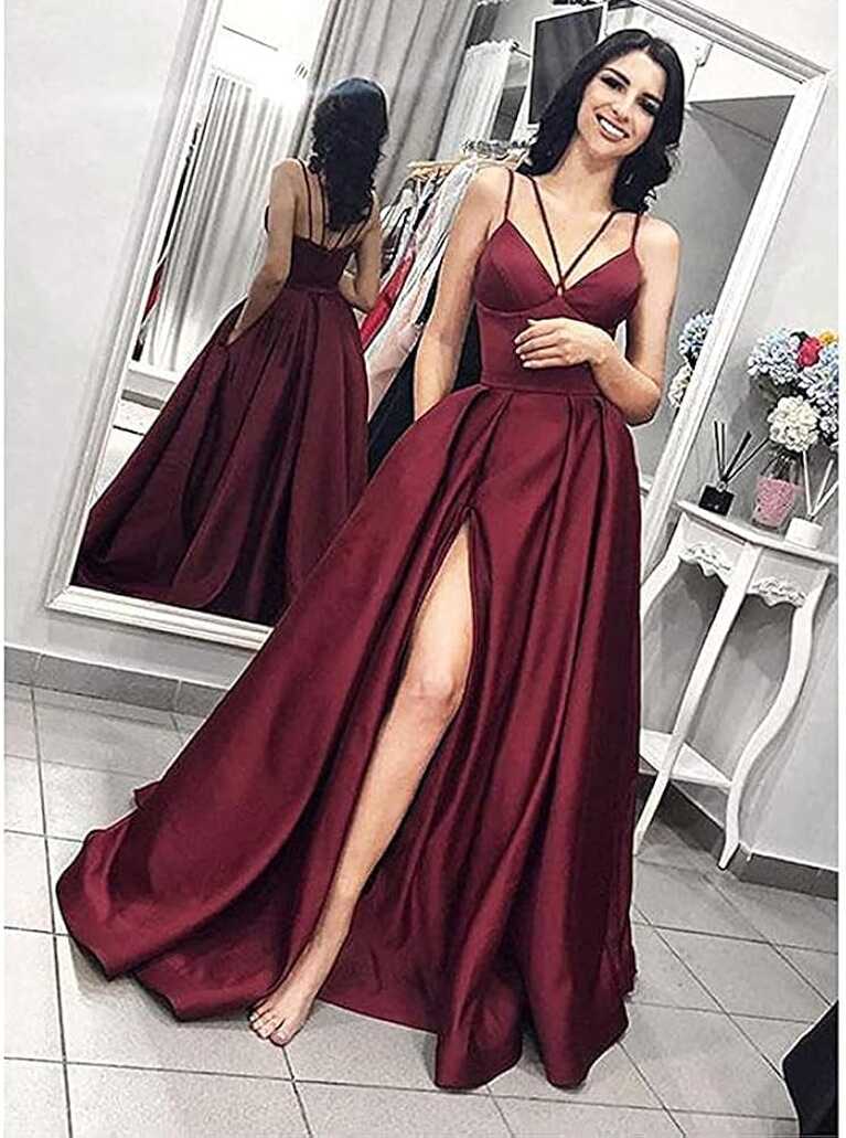 Amazon.com: Women&#39;s Halter High Slit Prom Dresses Elegant Satin ...