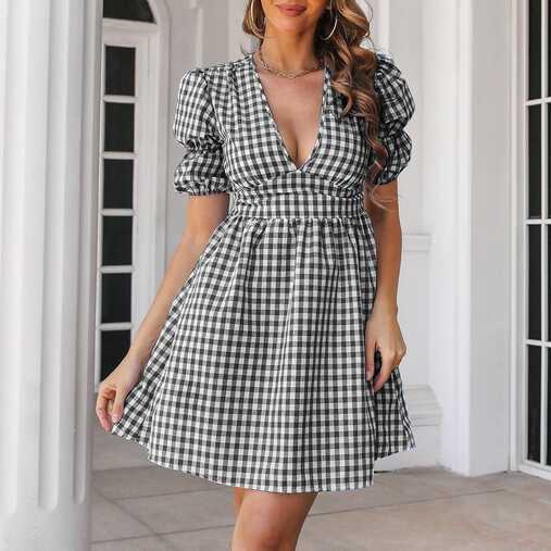 Amazon.com: Women&#39;s Summer Dresses 2023 Plaid Deep V Neck Puff ...