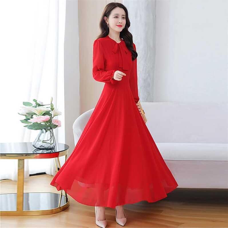 Amazon.com: Women Autumn Casual Midi Dress Chiffon Red Long Sleeve ...