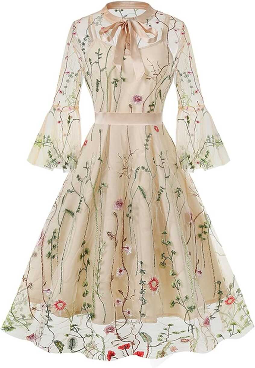 Amazon.com: Women Floral Embroidery Dress Sheer Mesh Vintage ...