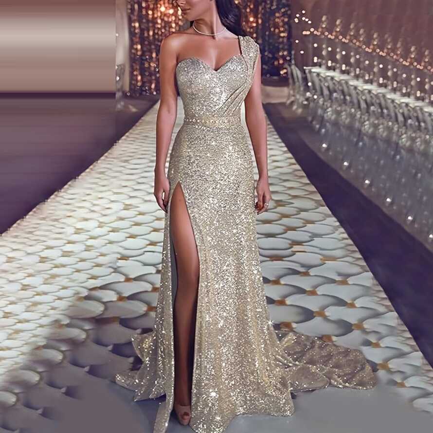 Amazon.com: Women Sequin Prom Party Gown Sexy Gold Evening ...