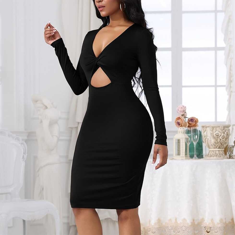 Amazon.com: Women Sexy Bodycon Dress Ladies V Neck Long Sleeves ...