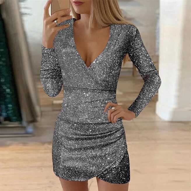 Amazon.com: Women Sexy Sequin Dress Long Sleeve Glitter Dresses ...