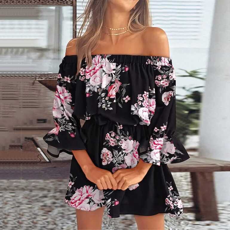 Amazon.com: Women Summer Dresses Off Shoulder Ruffles Floral Tunic ...