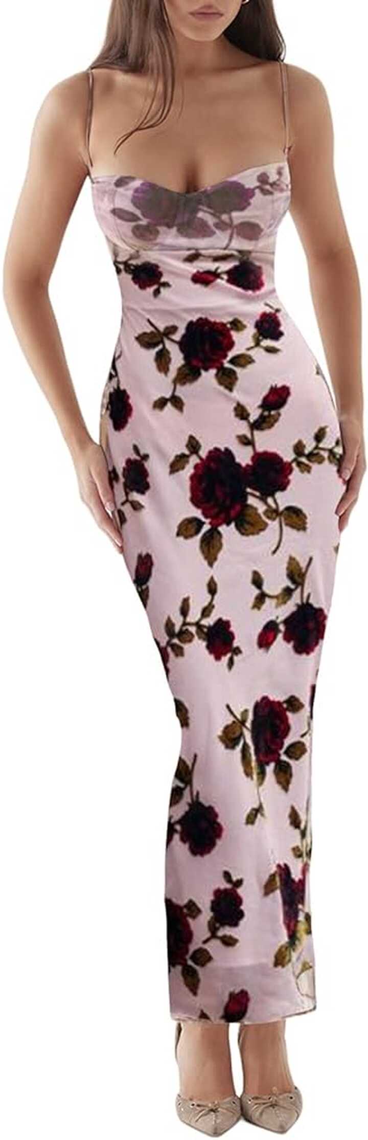 Amazon.com: Women Summer Long Dress Spaghetti Strap Floral Print ...