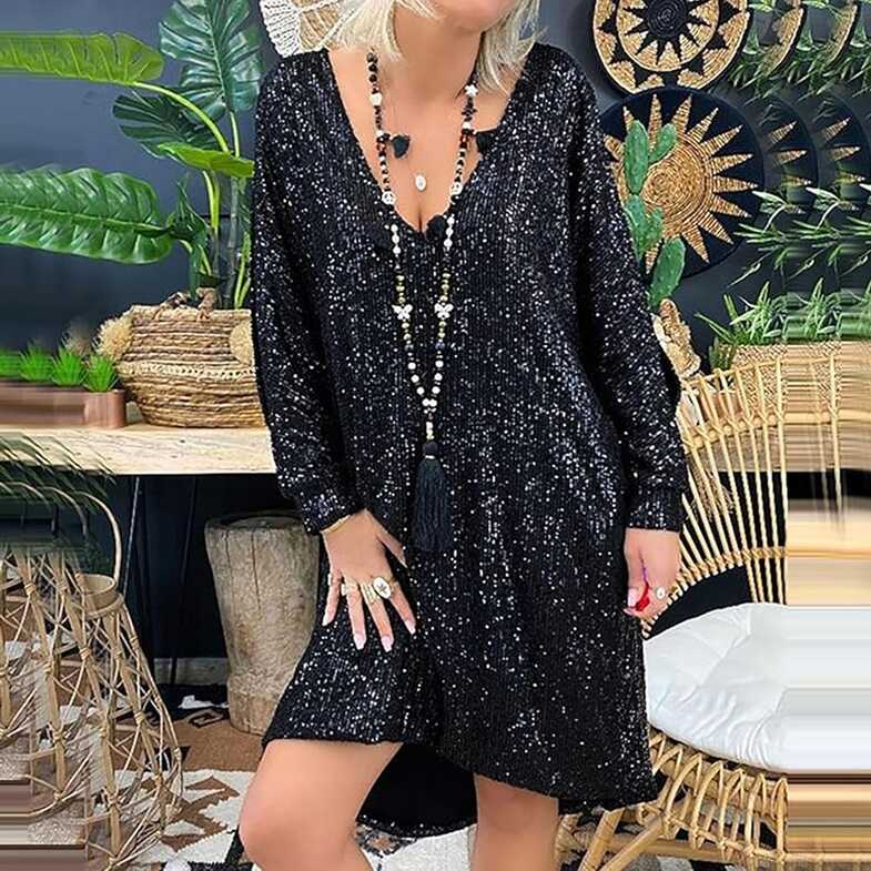 Amazon.com: Womens Long Sleeeve Sequin Dress V Neck Flowy Shirt ...