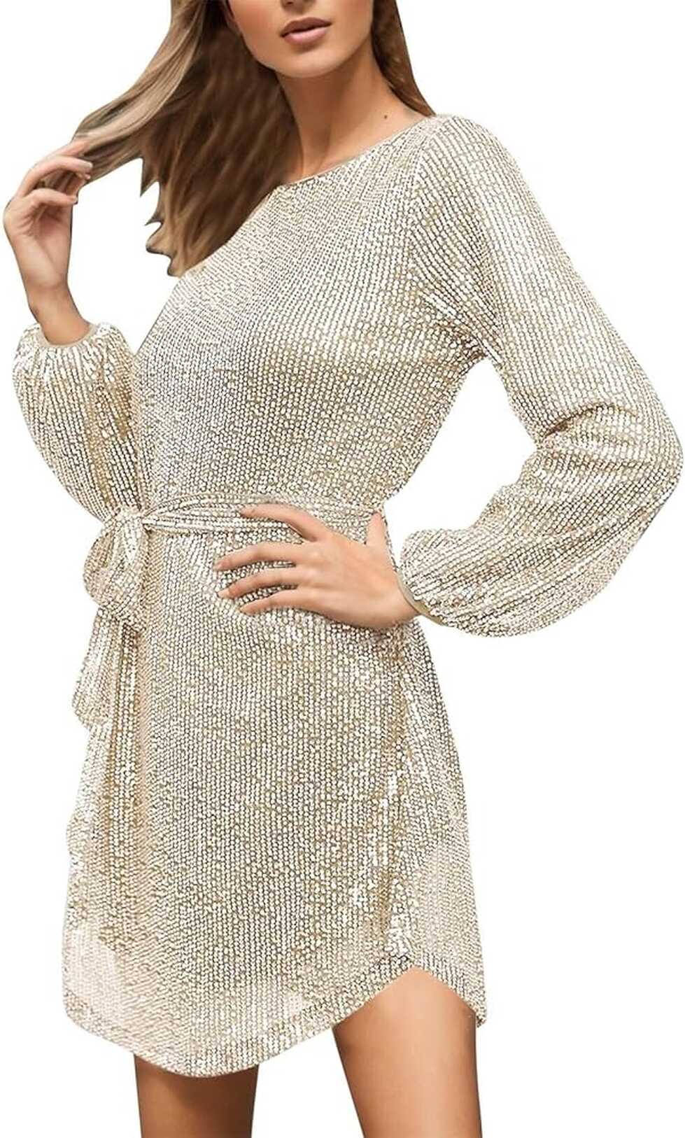 Amazon.com: Womens Long Sleeve Sequin Cocktail Dress with Belt ...