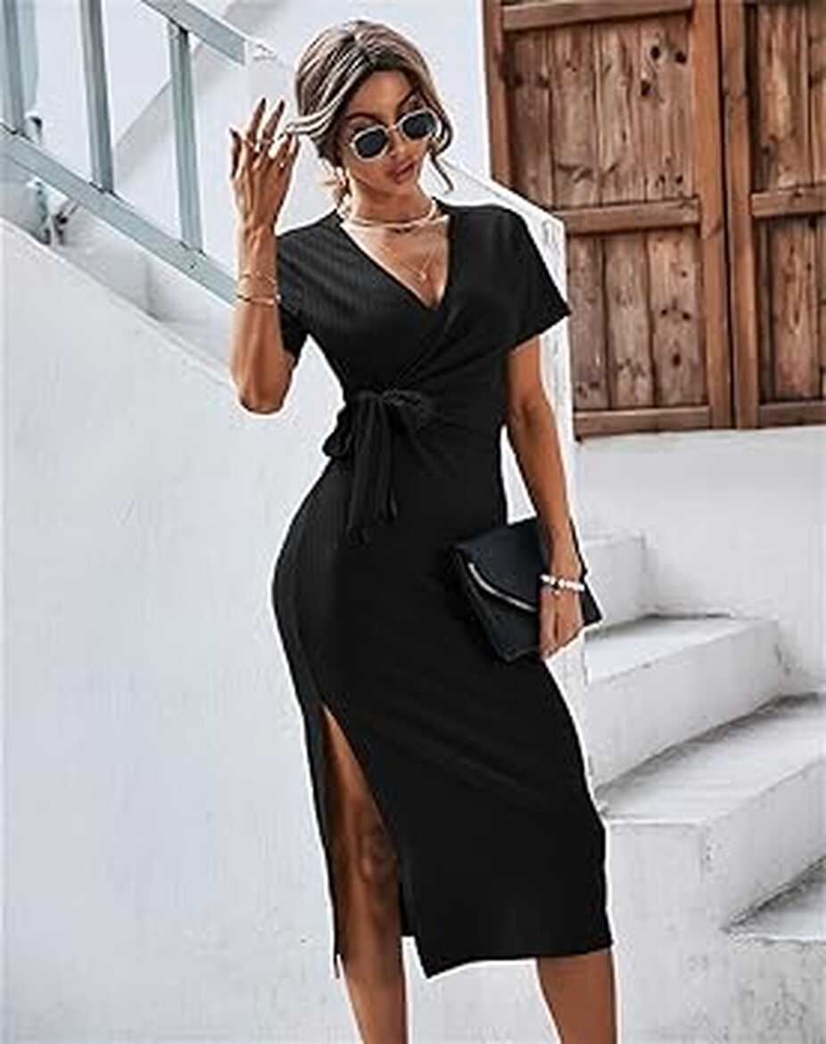 Amazon.com: Womens Wrap Knit Casual Dress, Short Sleeve Elegant V ...