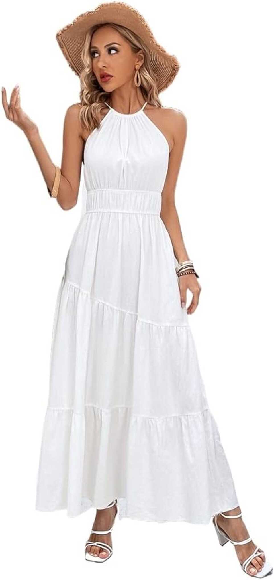 Amazon.com: ZOKIVA Womens Summer Dress White Dress Solid Ruffle ...