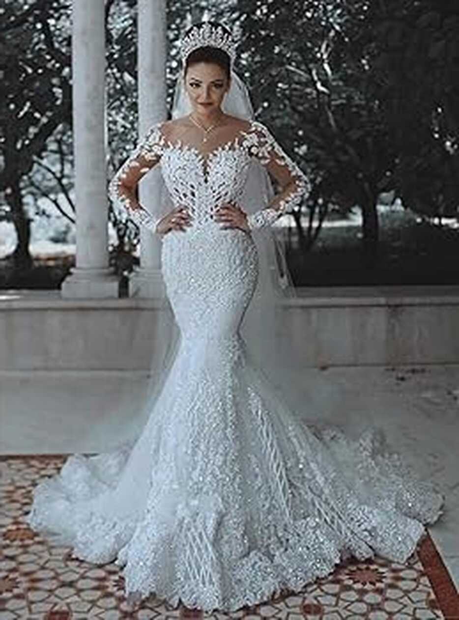 Amazon.com: luolandi Sparkly Lace Wedding Dress Mermaid Illusion ...