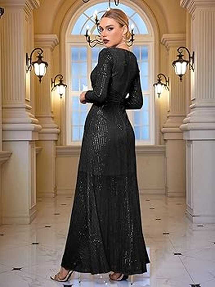 Amazon.com: meilun Long Sleeve Black Sequin Dress for Women Formal ...