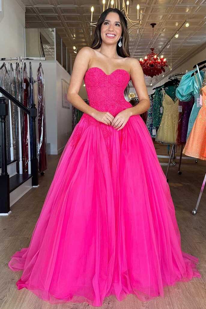 Amora A-Line Hot Pink Tulle Lace Strapless Long Prom Dress | KissProm