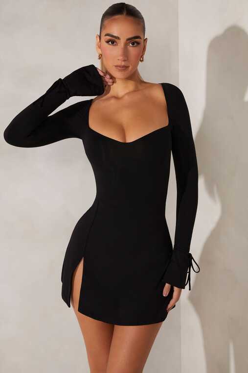 Amryn Long Sleeve Sweetheart Neckline Mini Dress in Black | Oh Polly