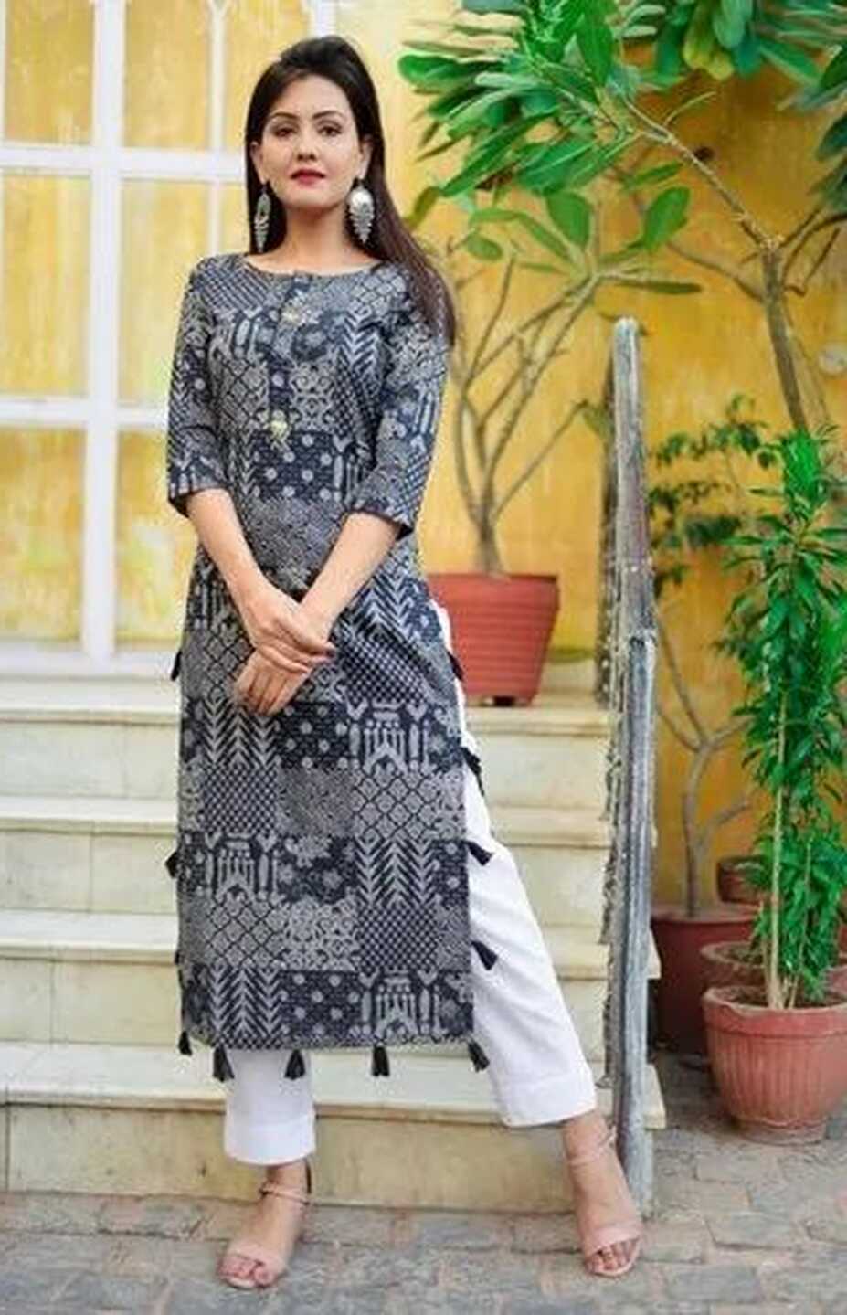 Ananya 3/4th Sleeve Beautiful Navy Blue Handloom Long Kurti, Wash ...