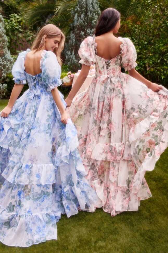 Andrea &amp; Leo Couture A1336 Long Floral Print Puff Sleeve Prom ...