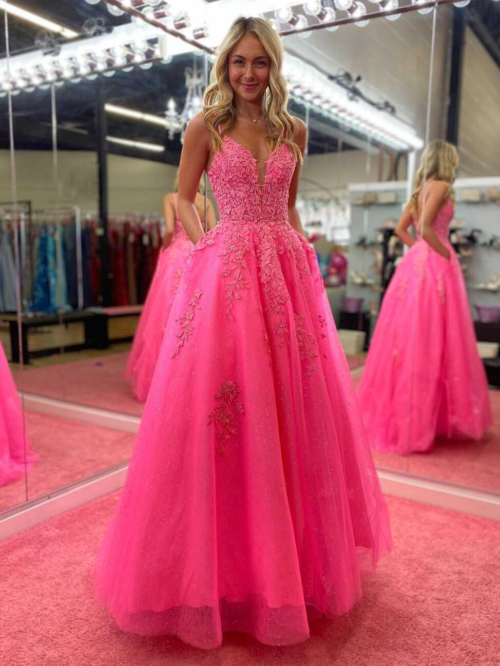 Angelina Pink V Neck A Line Lace Glitter Tulle Long Prom Dress ...